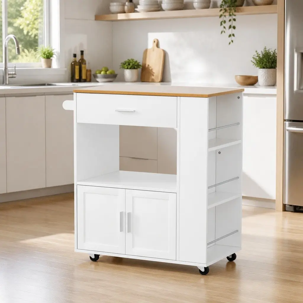 Kitchen Island Trolley Pine Wood Rolling Serving Cart with Waterproof Countertop and Multiple Storage Compartments