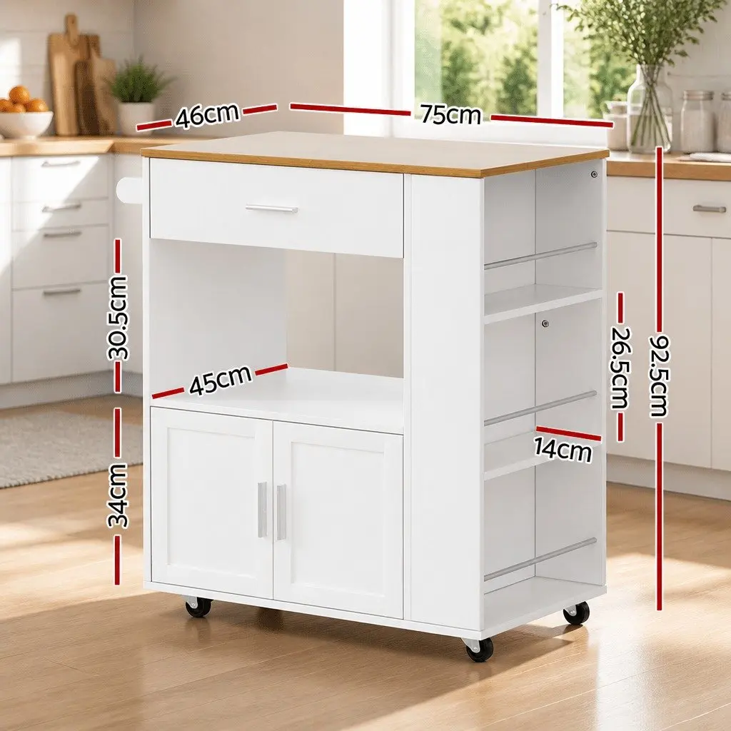 Kitchen Island Trolley Pine Wood Rolling Serving Cart with Waterproof Countertop and Multiple Storage Compartments