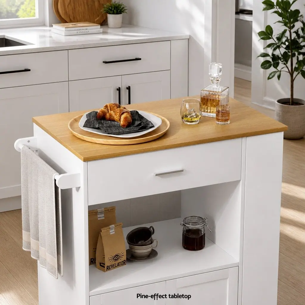 Kitchen Island Trolley Pine Wood Rolling Serving Cart with Waterproof Countertop and Multiple Storage Compartments