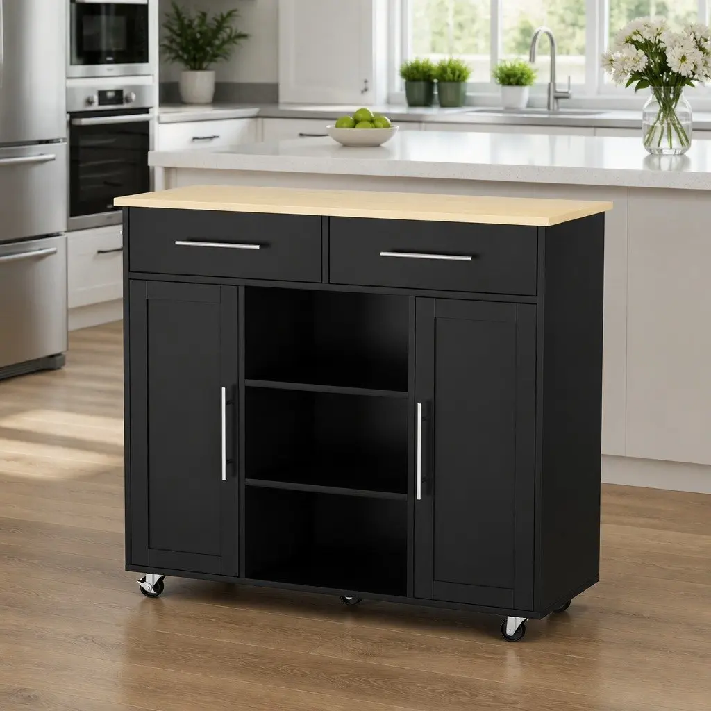 Kitchen Island Trolley 100cm Black Mobile Serving Cart with Storage Drawers and Open Shelves