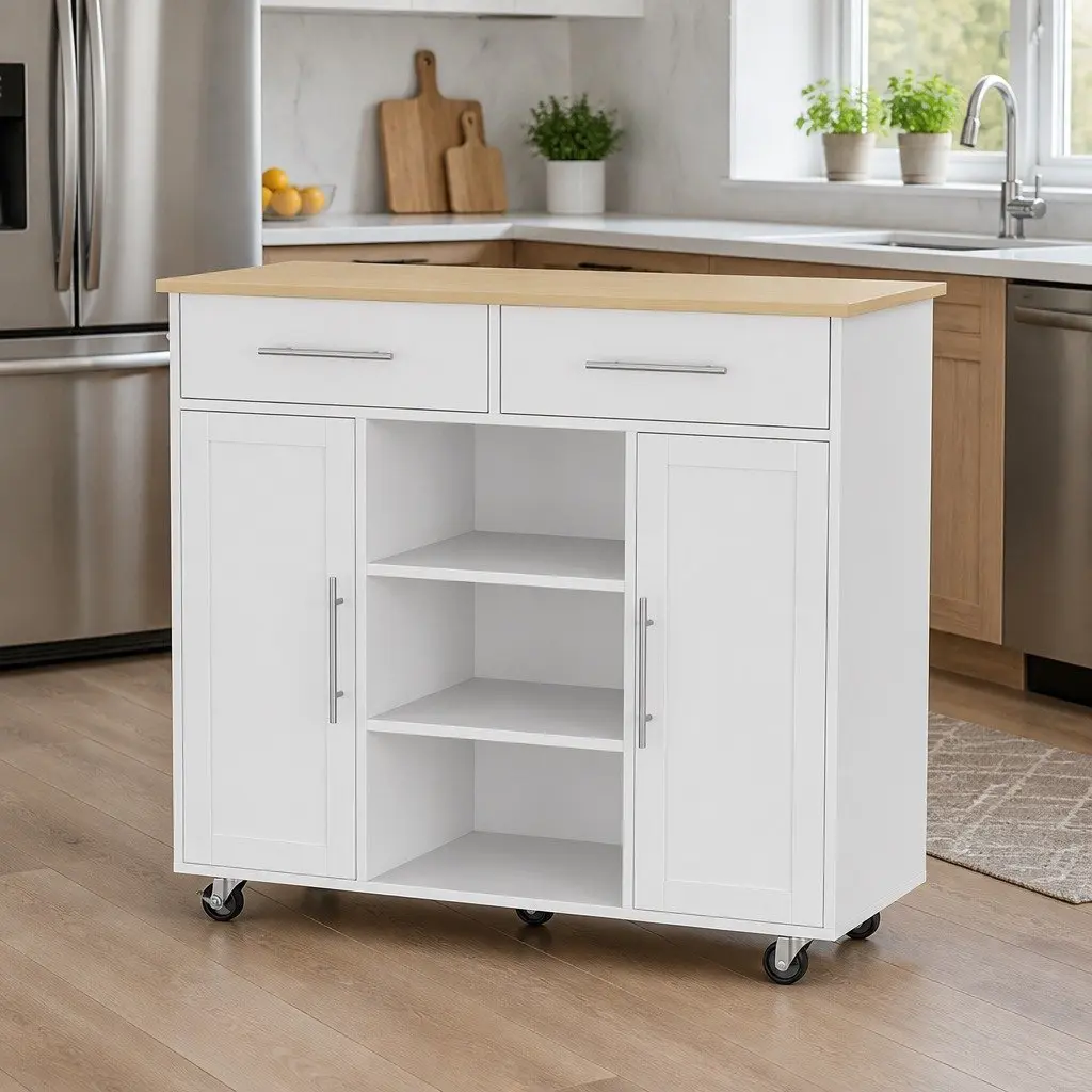 Kitchen Island Trolley 100cm Mobile Rolling Cart with 2 Drawers 2 Cabinets 3 Open Shelves and Towel Rack in White