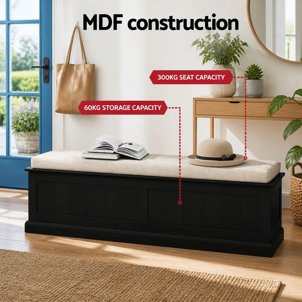 Storage Ottoman 140cm Fluted Black Hinged Lid Seat Footstool