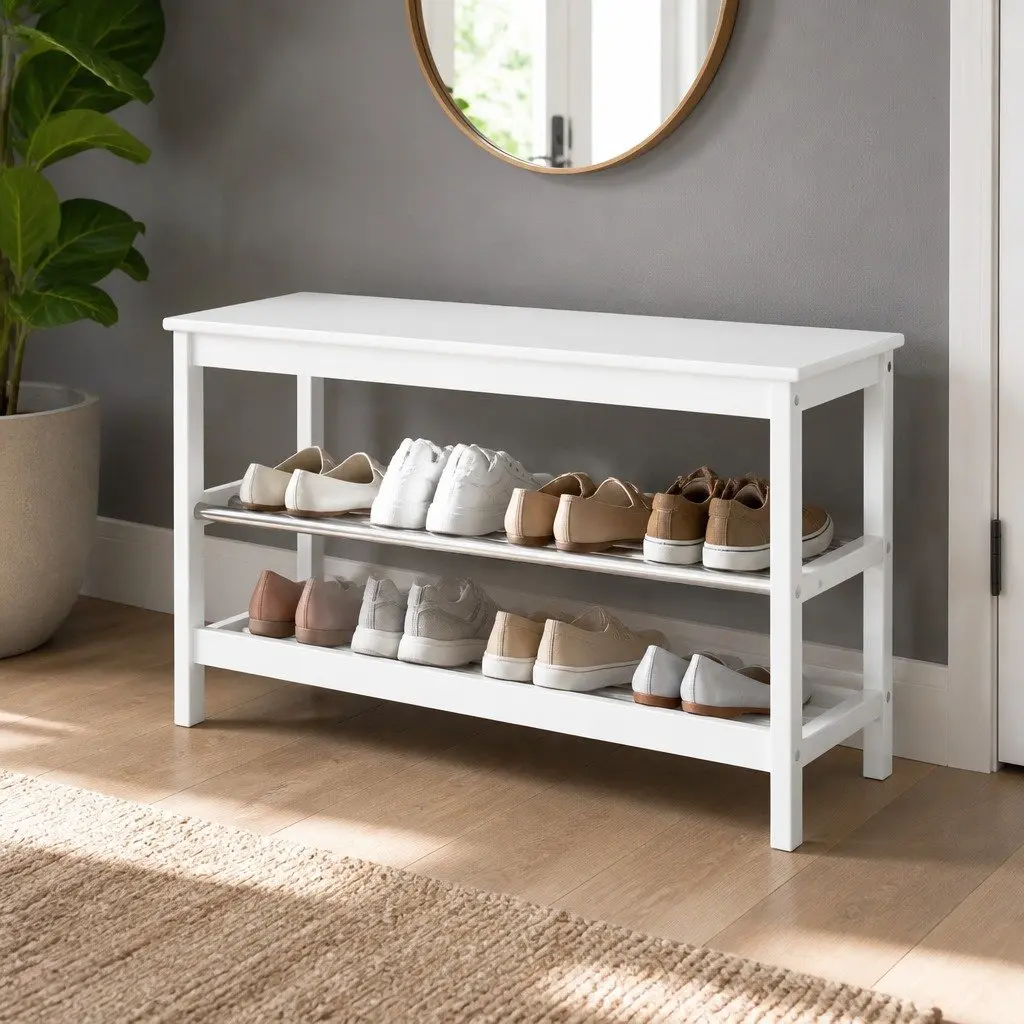 Bamboo Frame Shoe Organizer Bench 2-Tier White Storage for Footwear Collection