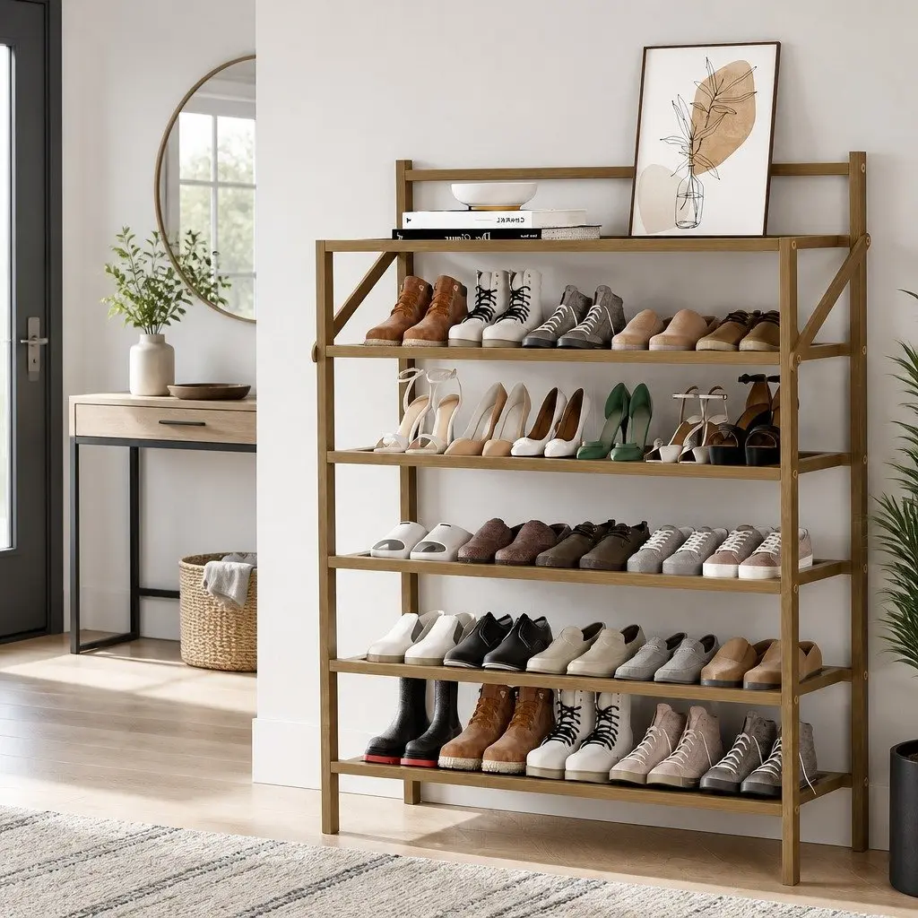 Shoe Rack 6-Tier Foldable Bamboo Frame Oak Storage Organizer