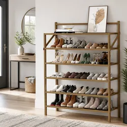 Shoe Rack 6-Tier Foldable Storage Organizer 18 Pairs Bamboo Frame Oak
