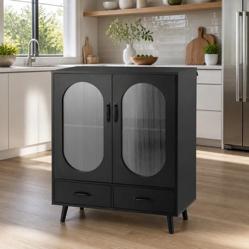 Buffet Sideboard Storage Cabinet 2 Drawer Black Fluted Door Panels