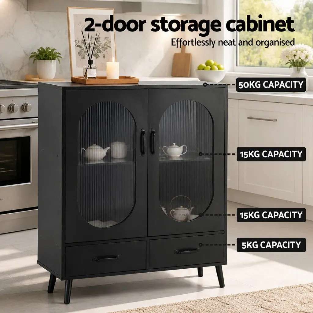 Buffet Sideboard Storage Cabinet 2 Drawer Black Fluted Door Panels