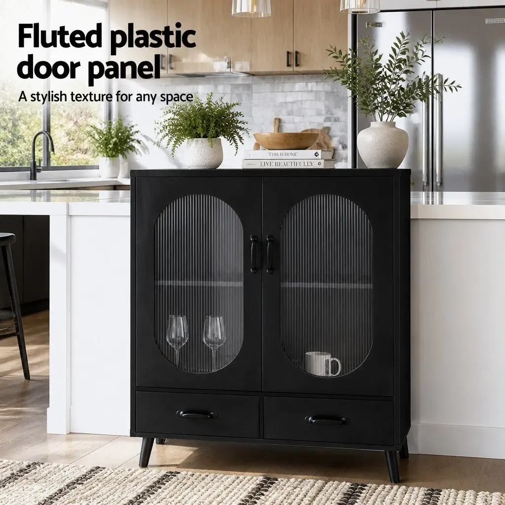 Buffet Sideboard Storage Cabinet 2 Drawer Black Fluted Door Panels