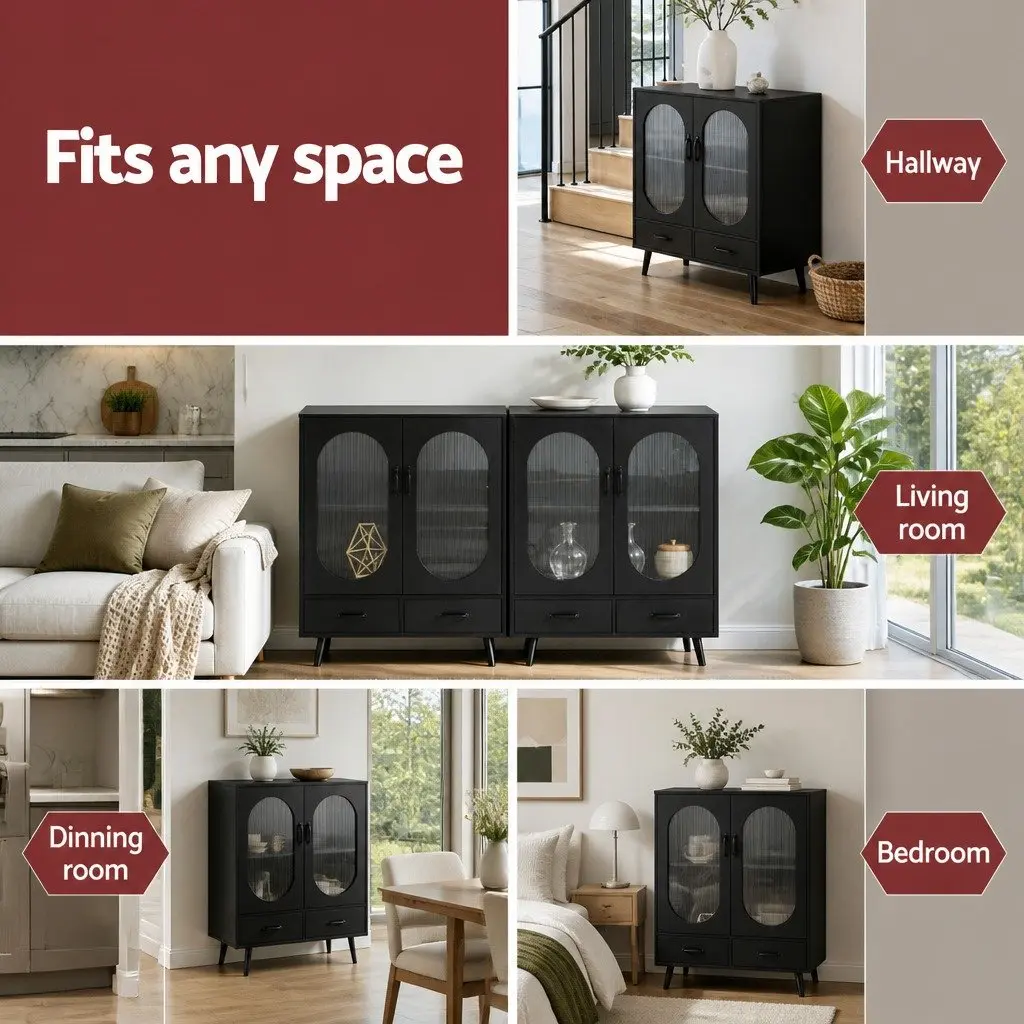 Buffet Sideboard Storage Cabinet 2 Drawer Black Fluted Door Panels