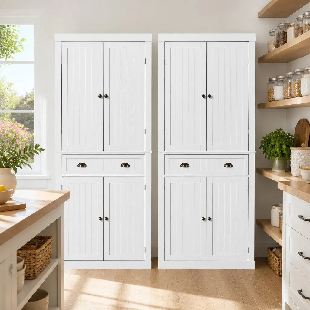 Buffet Sideboard Cabinet 6-Tier Storage Pantry Cupboard Drawer White Set of 2
