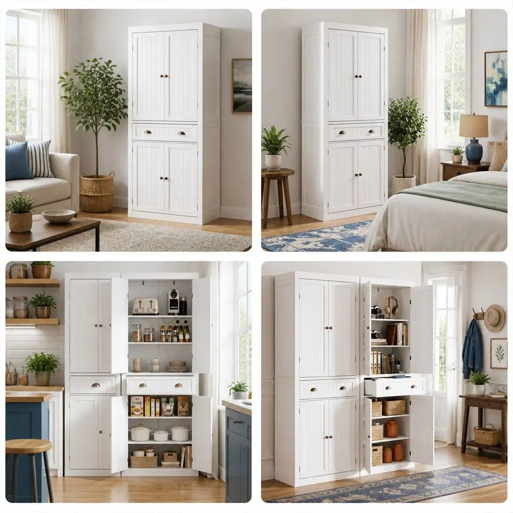 Buffet Sideboard Cabinet 6-Tier Storage Pantry Cupboard Drawer White Set of 2