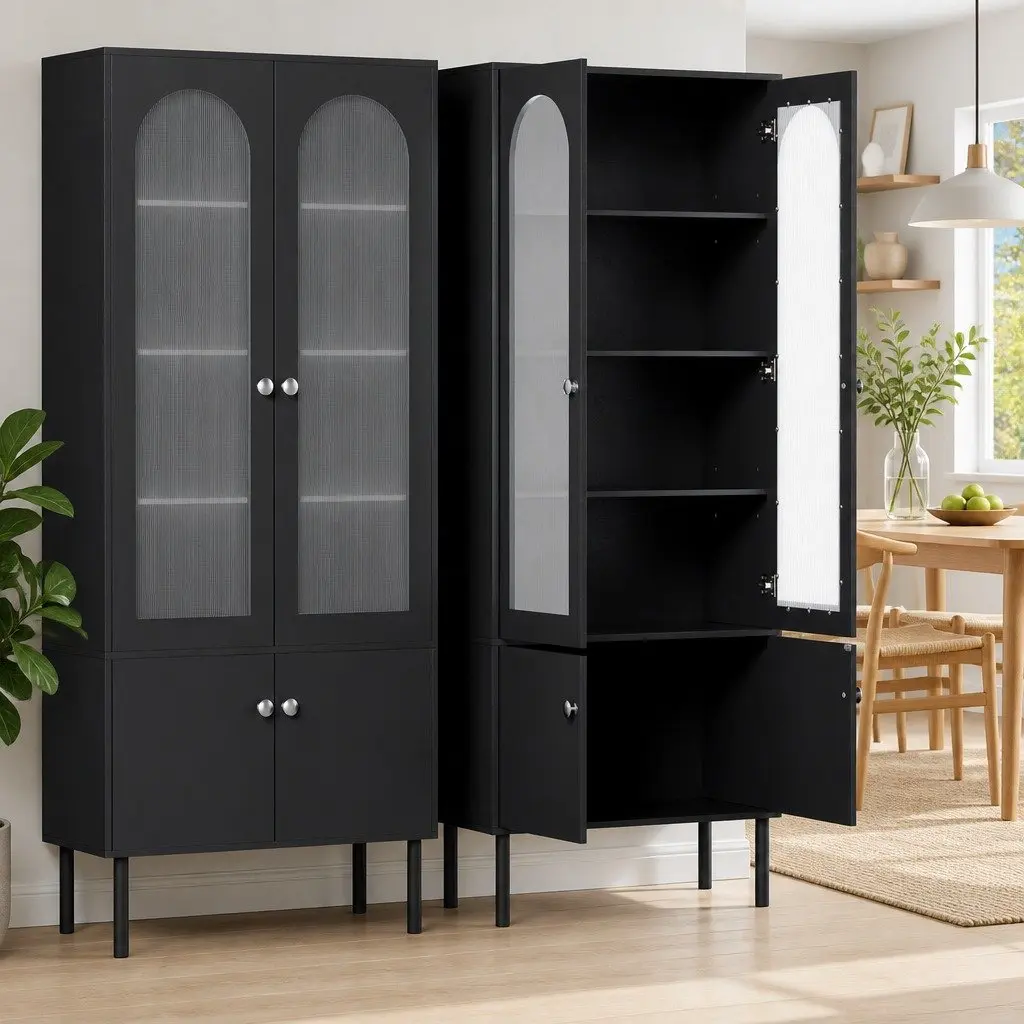 Buffet Sideboard 5-Tier Storage Cabinet Fluted Door Pantry Black