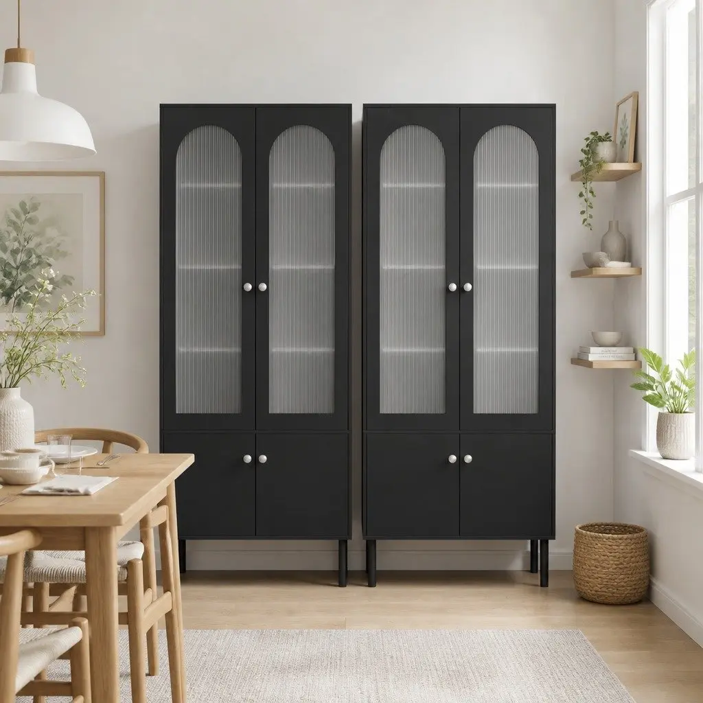Buffet Sideboard 5-Tier Storage Cabinet Fluted Door Pantry Black