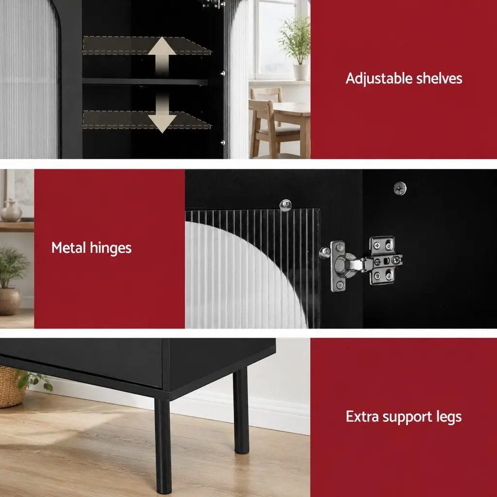 Buffet Sideboard 5-Tier Storage Cabinet Fluted Door Pantry Black