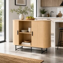 Buffet Sideboard Storage Cabinet 2-Door Sliding Fluted Doors Oak Dining Room
