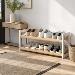 Shoe Rack 2 Tier 6 Pairs Storage Organizer Pine White Entryway Hallway Bedroom