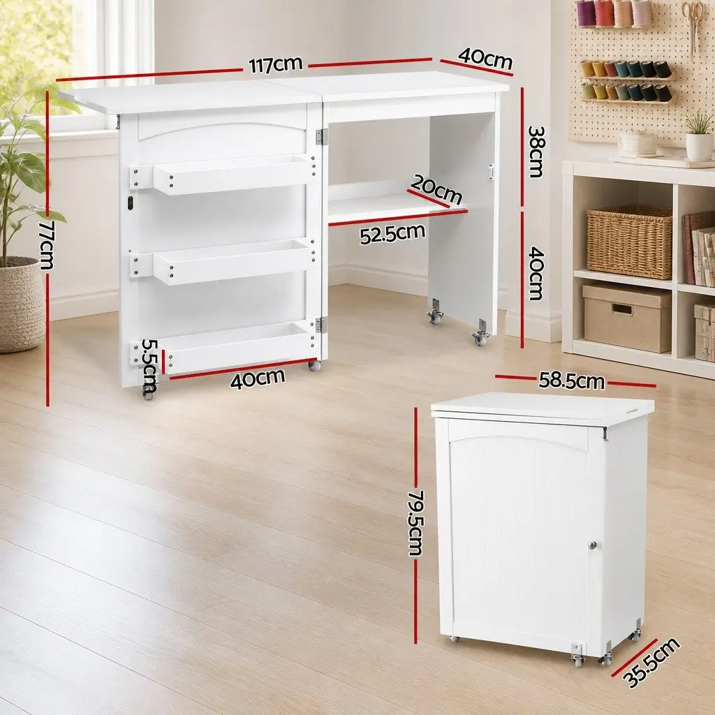 Folding Sewing Table Compact White Rolling Craft Work Station with Storage Bins