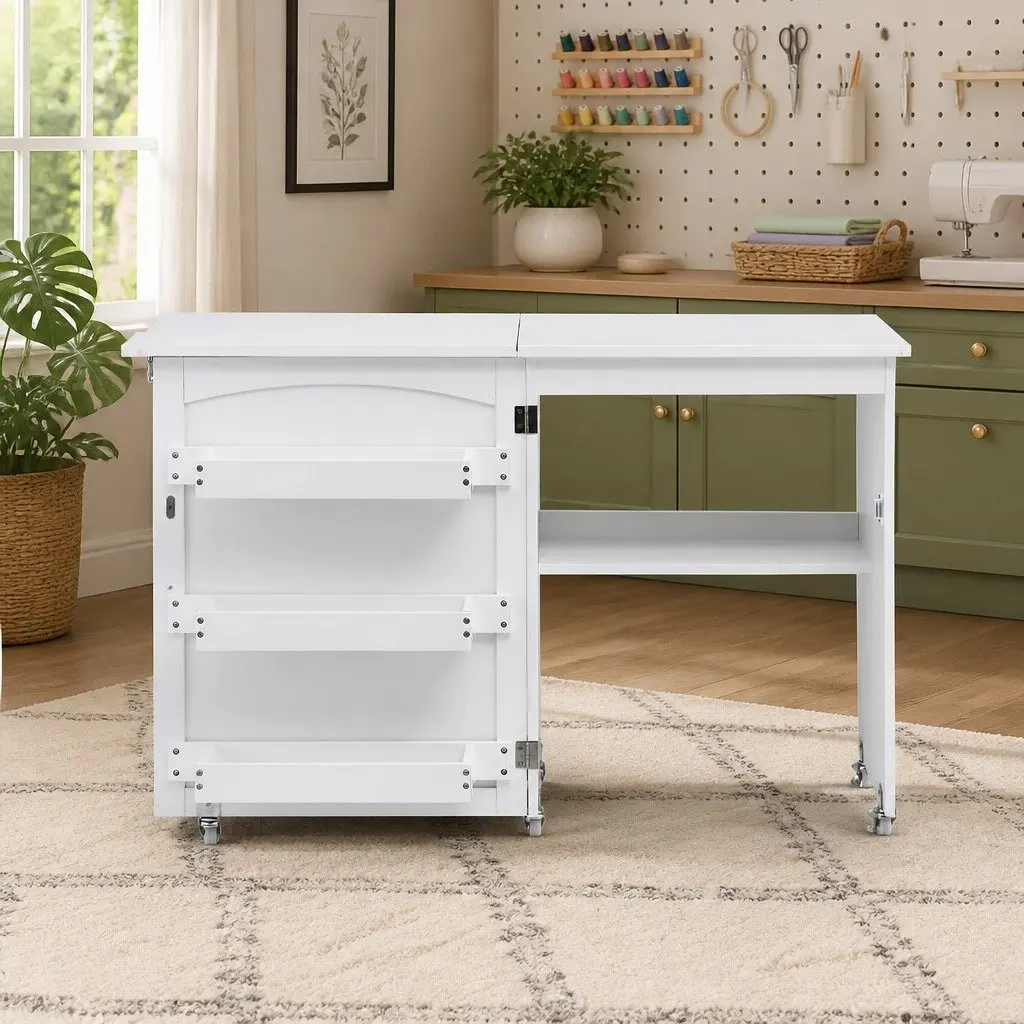 Folding Sewing Table Compact White Rolling Craft Work Station with Storage Bins