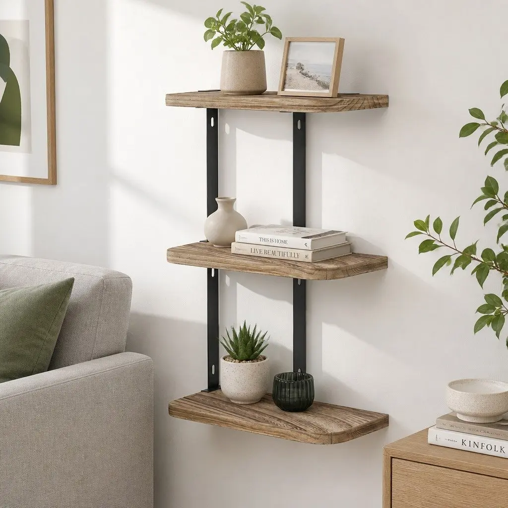 Floating Wall Shelf 3-Tier Rust Oak Black Solid Wood Construction Easy Assembly