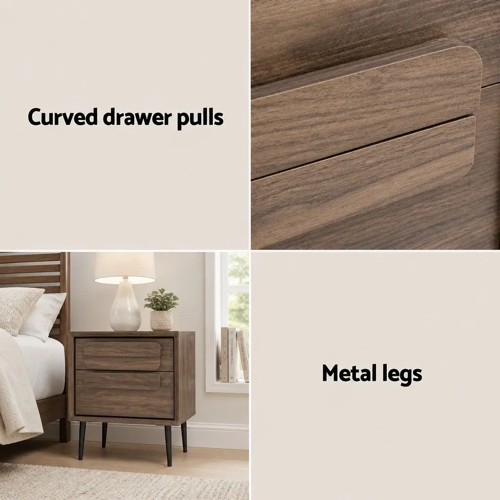 Bedside Table 45cm Walnut 2 Drawers Bedroom Storage Organiser
