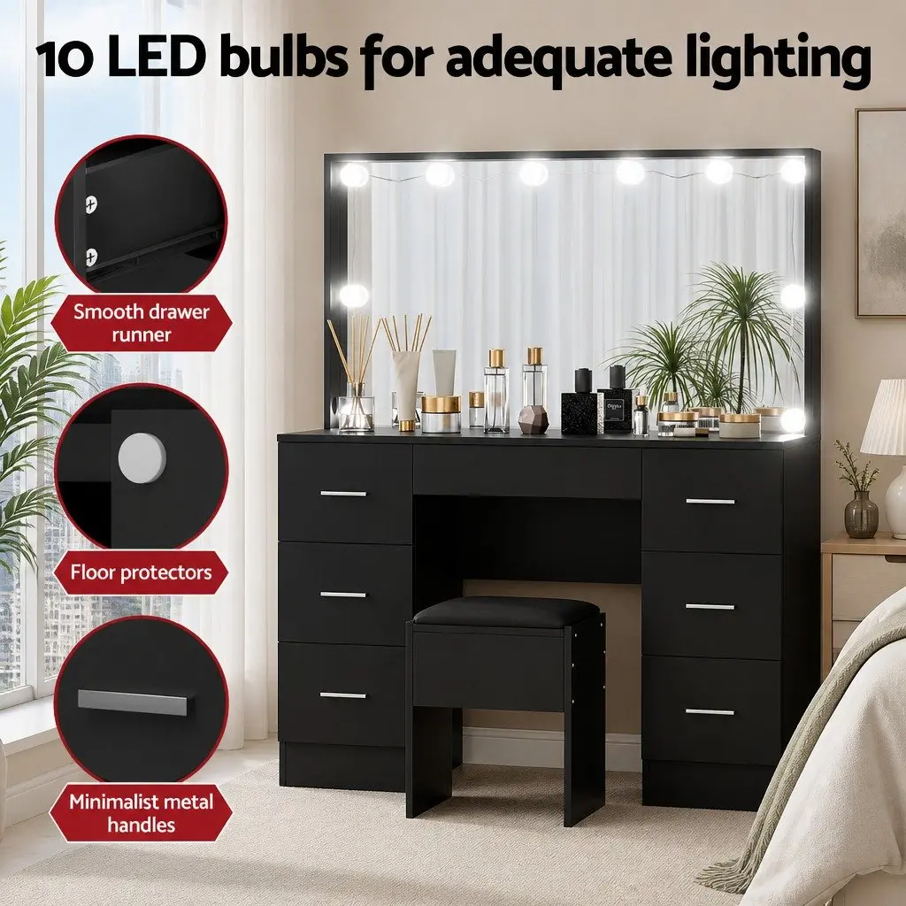 Dressing Table Vanity Desk Set Black LED Mirror 10 Bulbs 7 Drawers