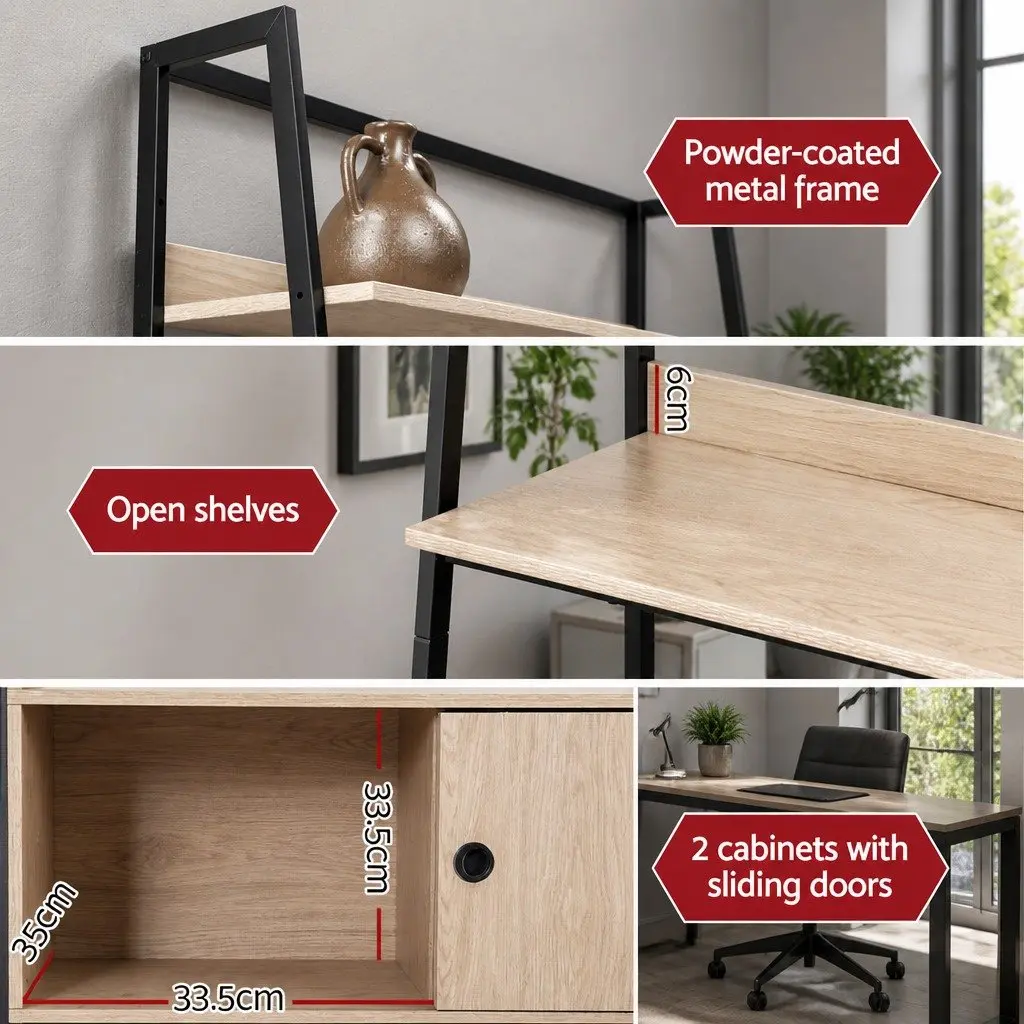 Oak 5 Tier Bookshelf with Sliding Door Cabinets and Open Display Shelves Contemporary Style 100x40x180cm