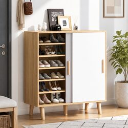 Shoe Cabinet 30 Pairs Storage 2 Sliding Doors Organiser White Oak