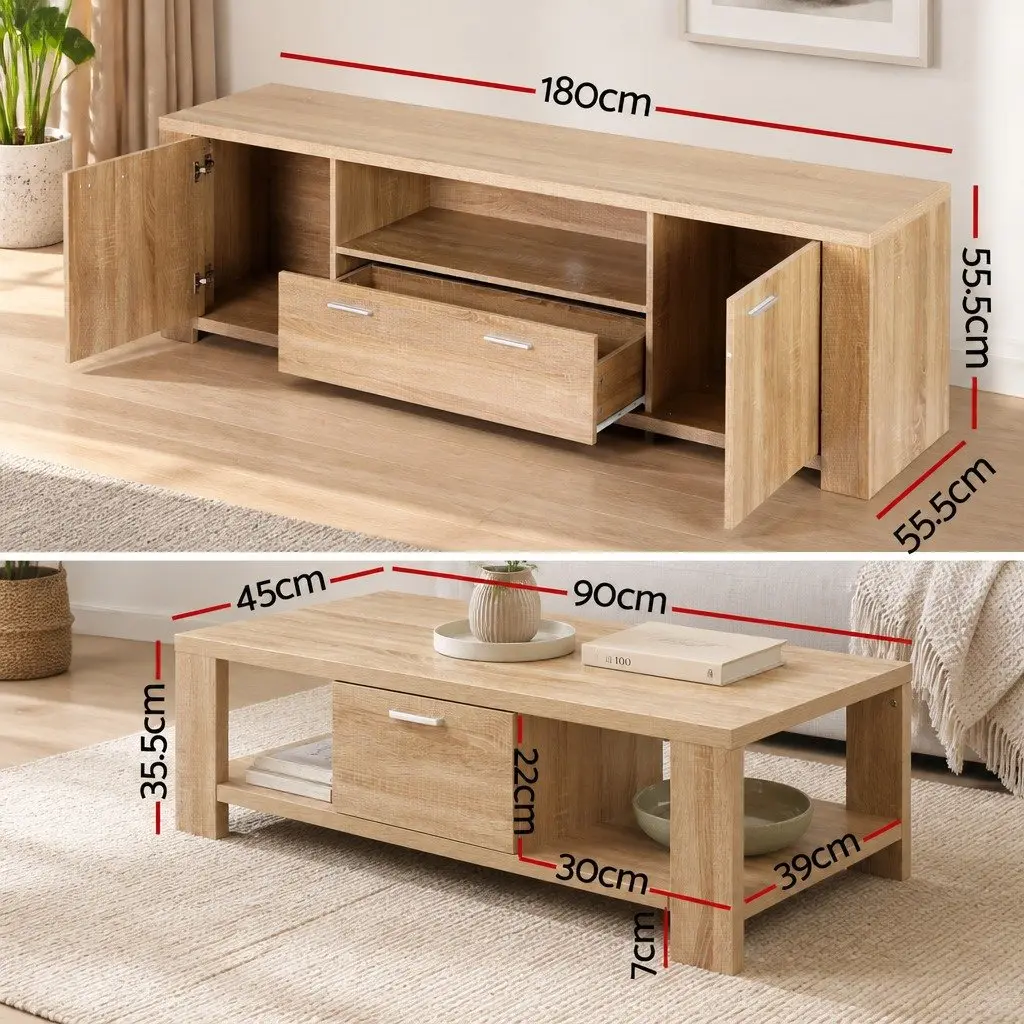 TV Entertainment Unit & Coffee Table Set Pine Natural Wood Grain Storage Drawer