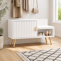 Shoe Rack Cabinet Bench with Storage Compartment Open Shelf Padded Seat White