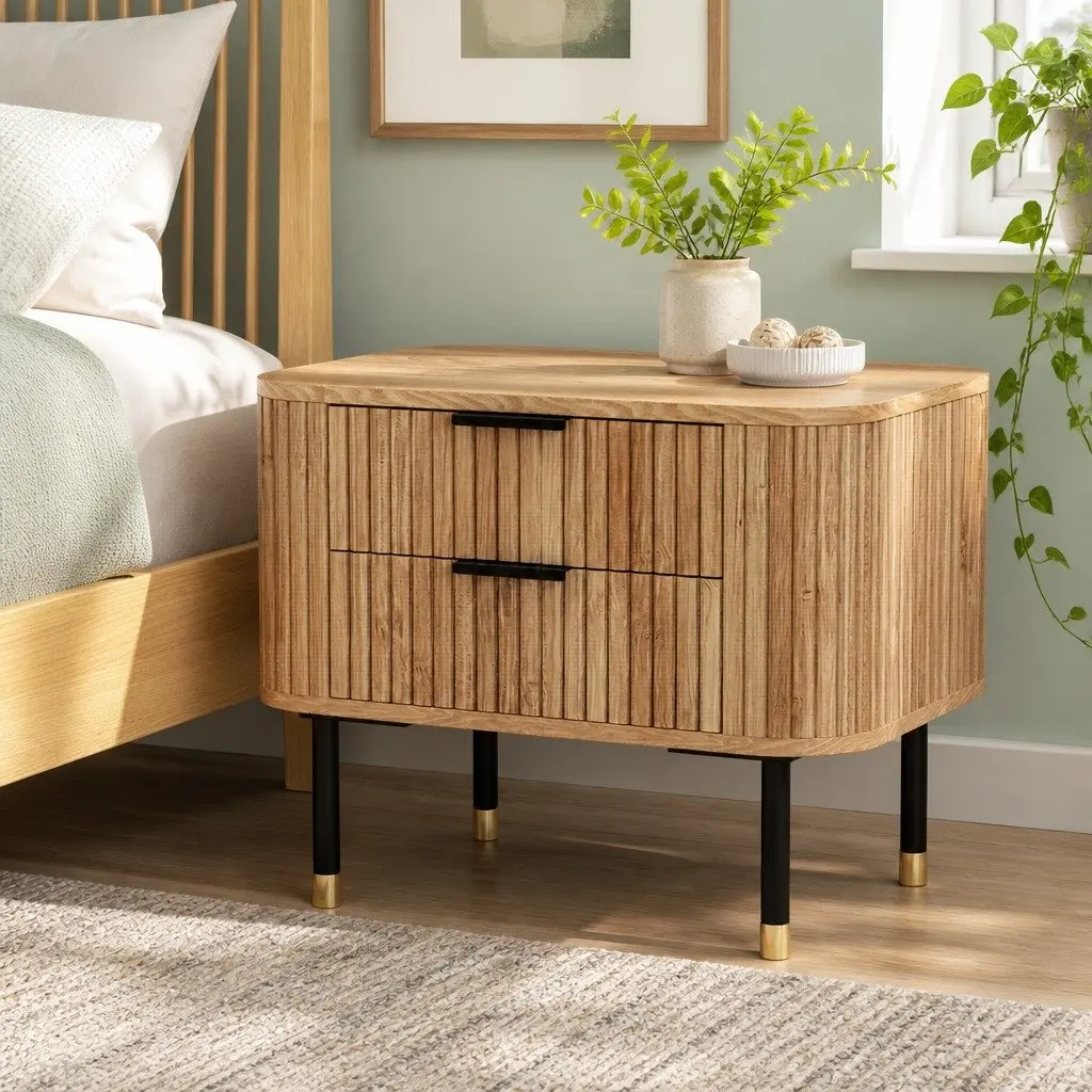 Bedside Table 2 Drawers Wood Pine Compact Storage Nightstand Metal Legs