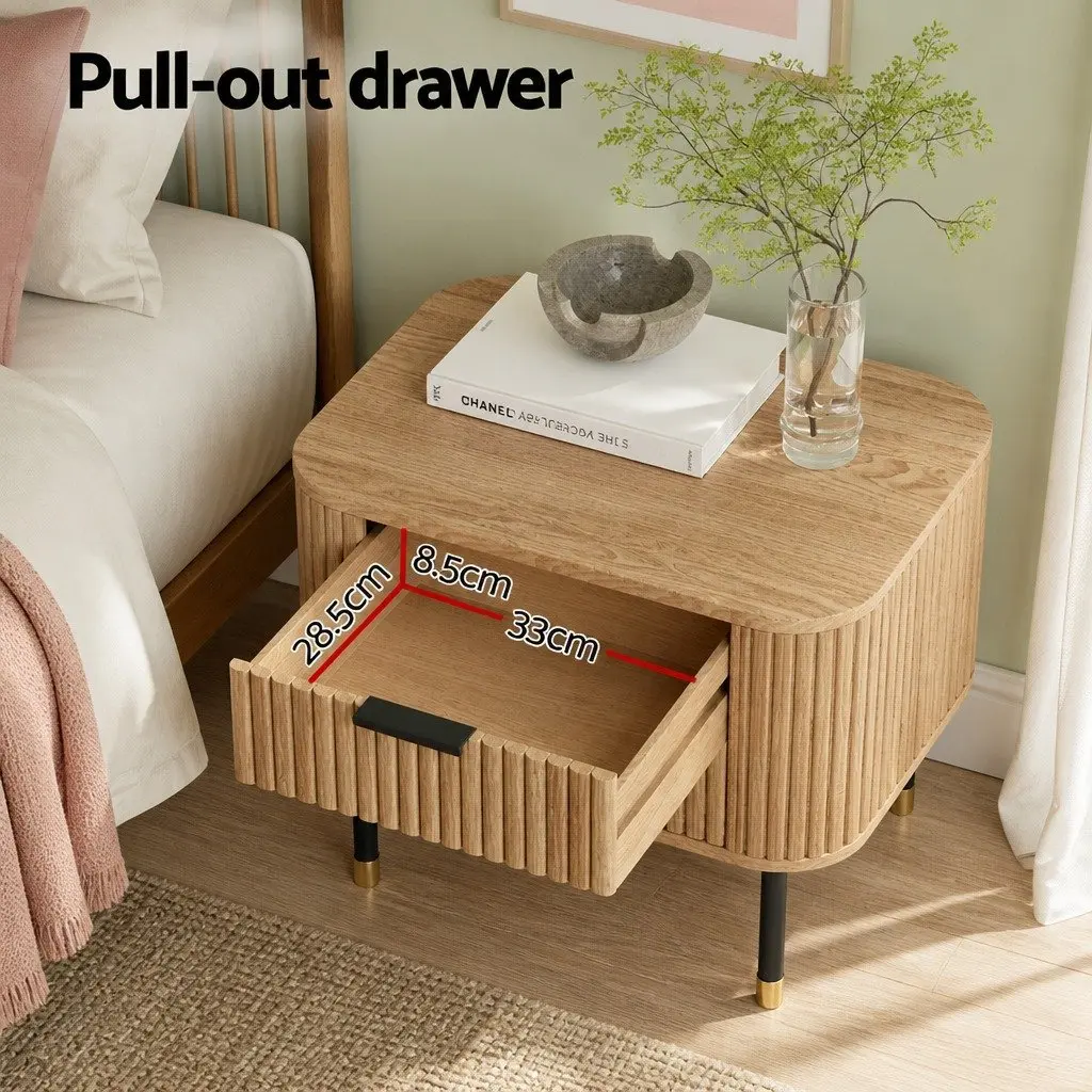 Bedside Table 2 Drawers Wood Pine Compact Storage Nightstand Metal Legs