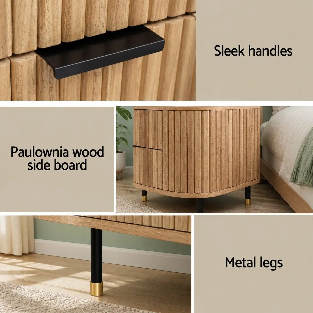 Bedside Table 2 Drawers Wood Pine Compact Storage Nightstand Metal Legs