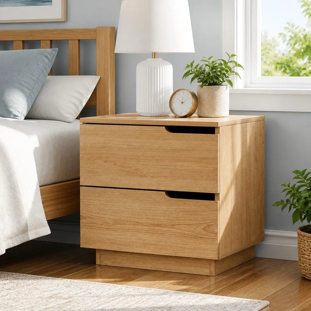Bedside Table 2 Drawers Pine Wood Effect Easy Clean Surface Storage Cabinet