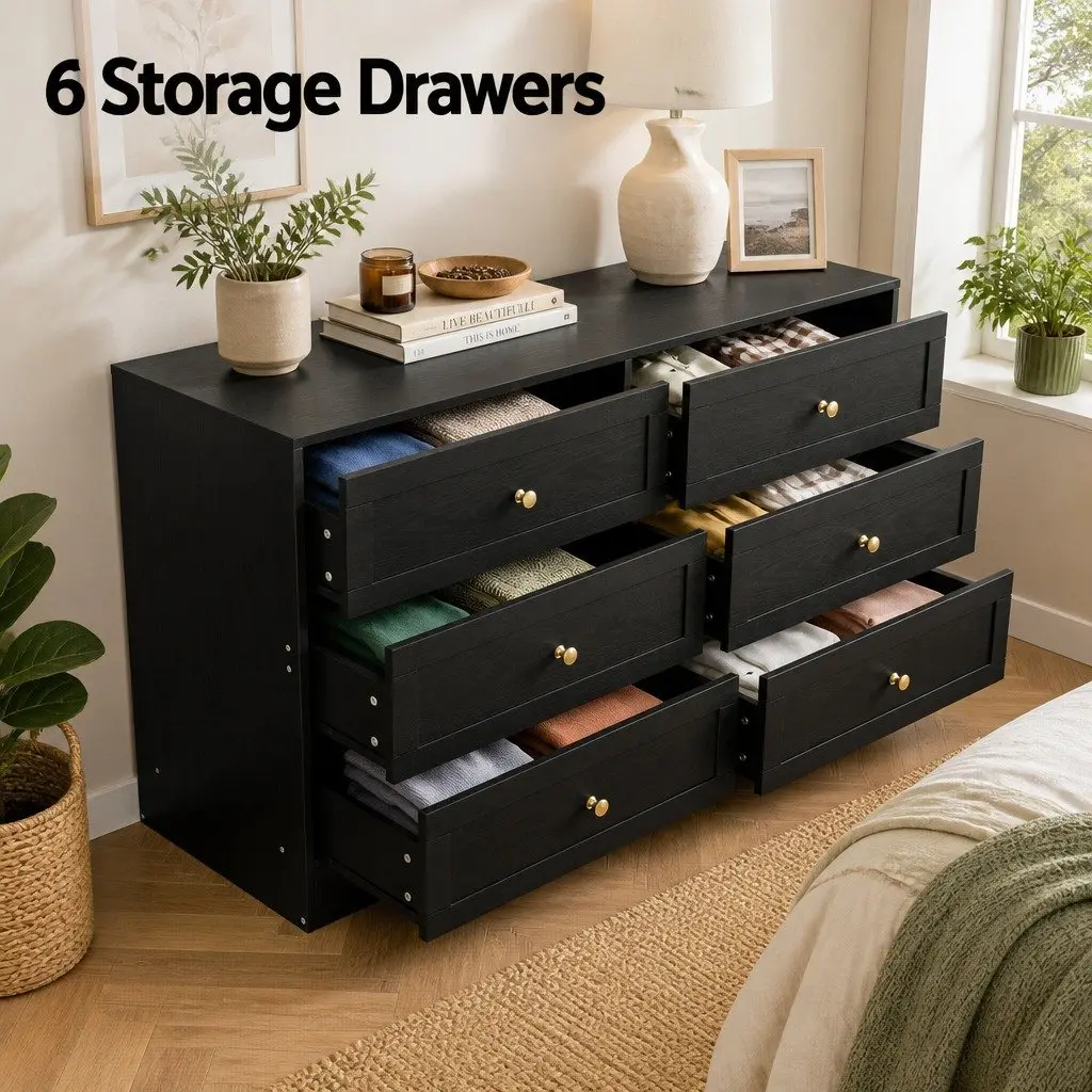 6 Drawer Chest of Drawers Black Tallboy Cabinet Storage Furniture