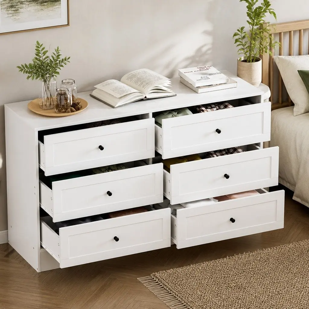 White Chest of Drawers 6 Drawer Tallboy Dresser Bedroom Storage Cabinet