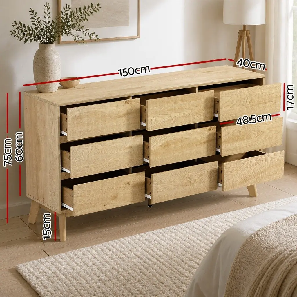 9 Drawer Tallboy Chest of Drawers Cabinet Pine Storage Dresser