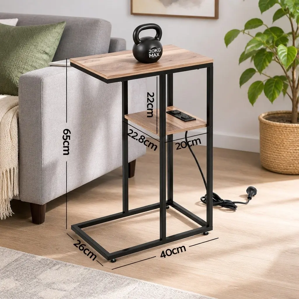 C-Shaped End Table Charging Station 2-Tier Side Coffee Table Bedside Nightstand