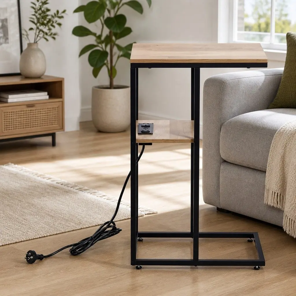 C-Shaped End Table Charging Station 2-Tier Side Coffee Table Bedside Nightstand