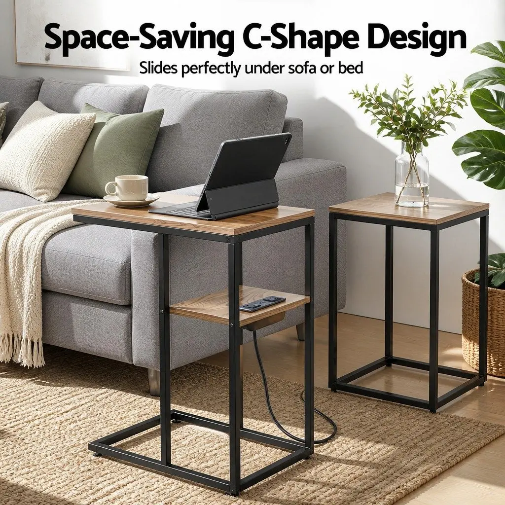 C-Shaped End Table Charging Station 2-Tier Side Coffee Table Bedside Nightstand