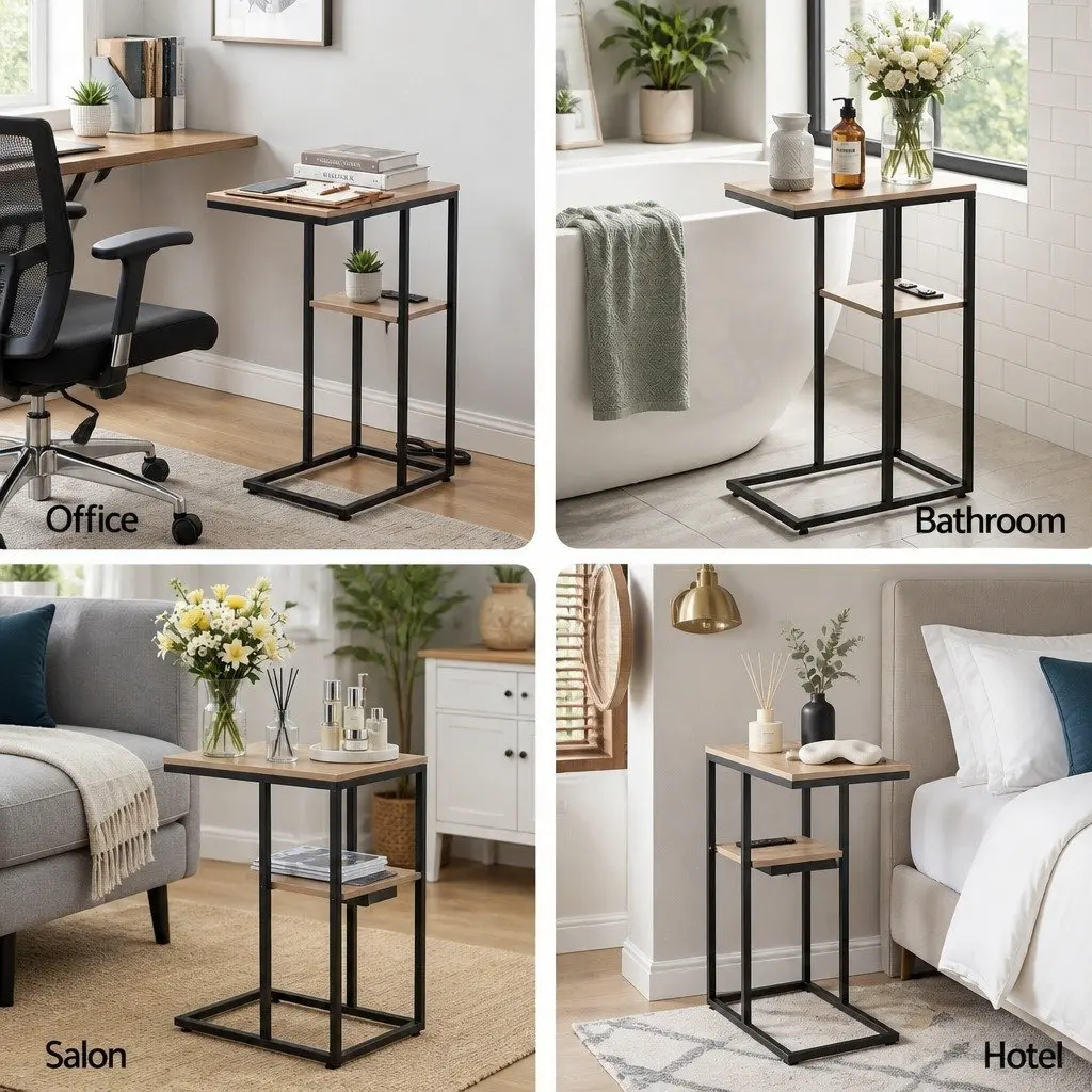 C-Shaped End Table Charging Station 2-Tier Side Coffee Table Bedside Nightstand