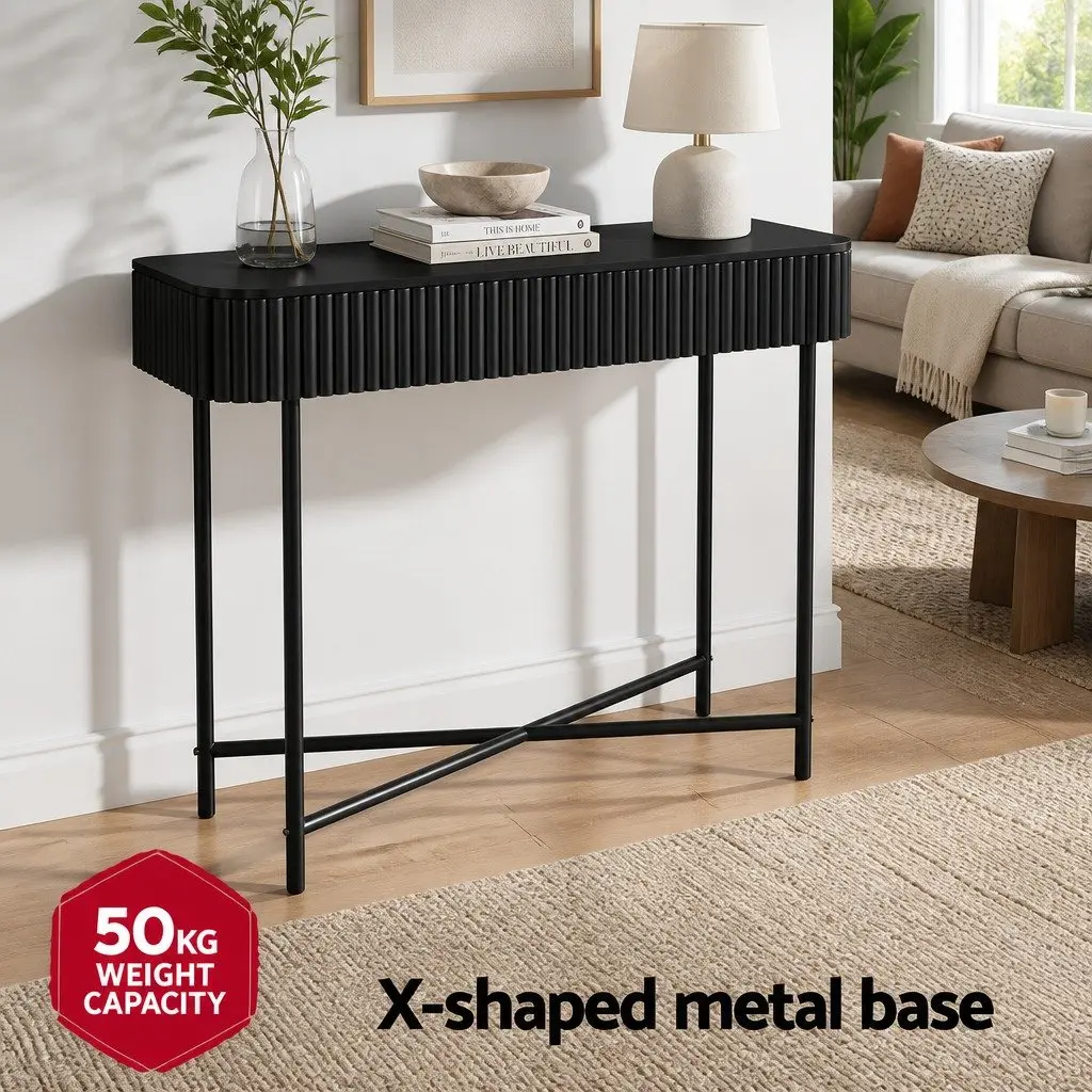 Console Table 100CM Yellow Two Storage Drawers Metal Base Furniture Living Room