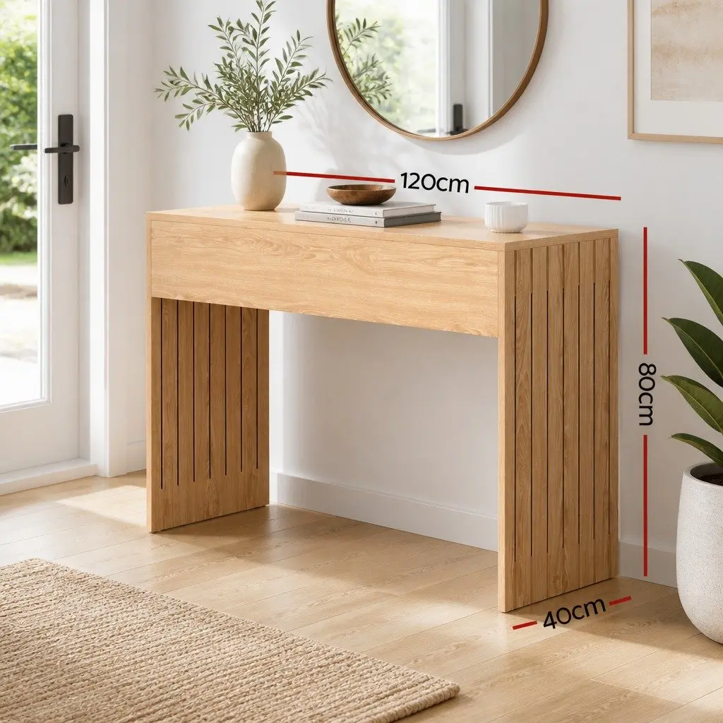 Console Table 120CM Fluted Side Panels Wood Grain Surface Non-Slip Base Assembly Required