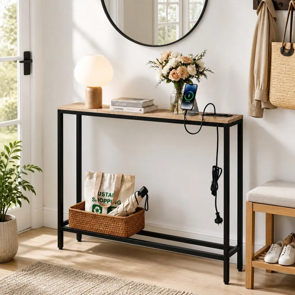Console Table 100cm Narrow Wood Top with Charging Station and Metal Frame