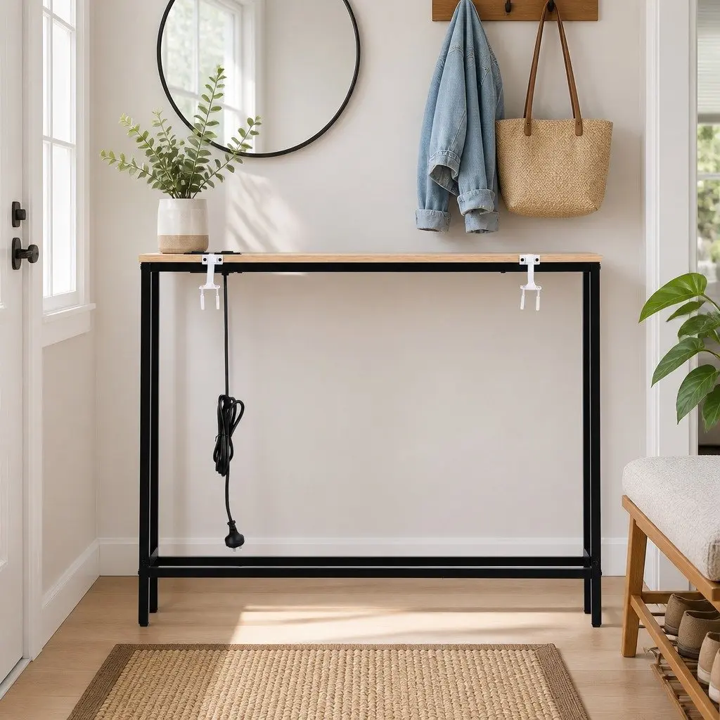 Console Table 100cm Narrow Wood Top with Charging Station and Metal Frame