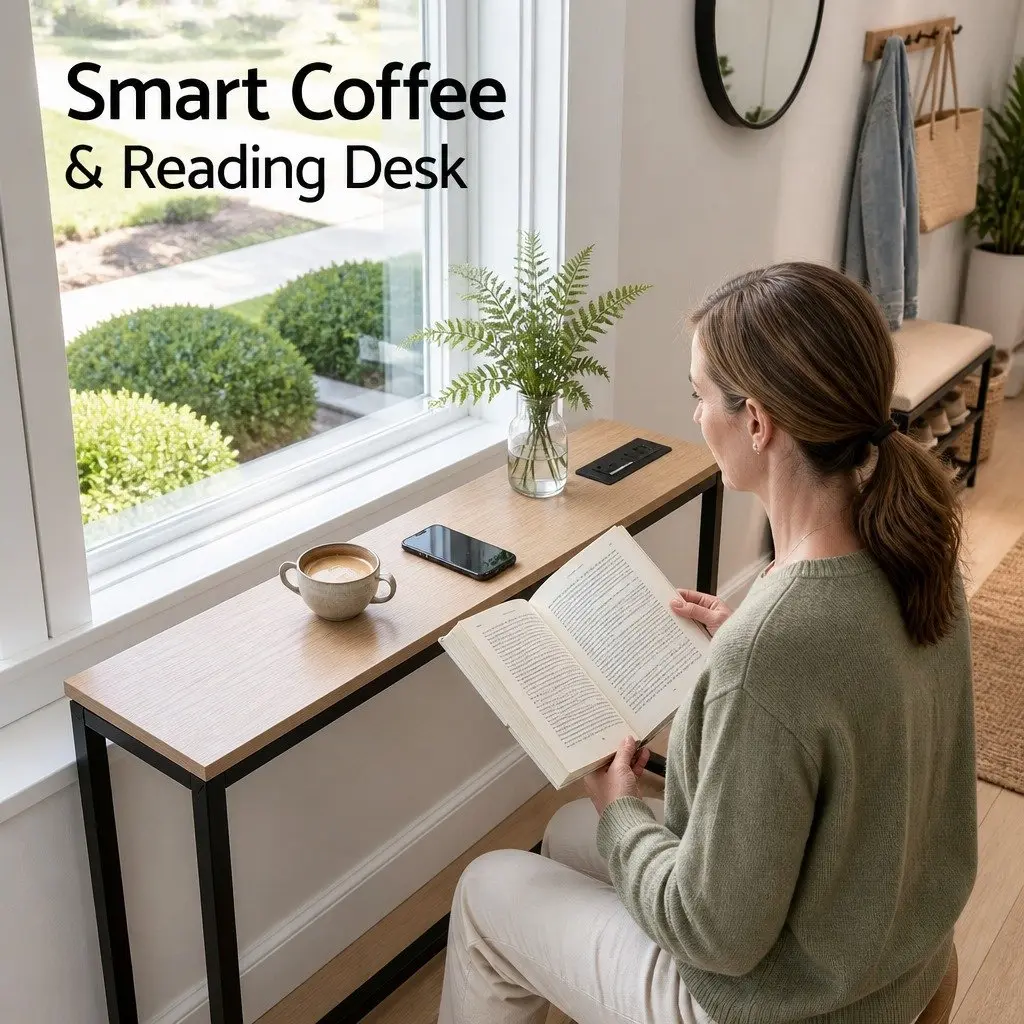 Console Table 100cm Narrow Wood Top with Charging Station and Metal Frame