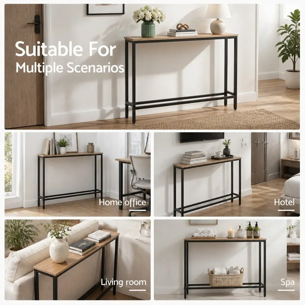 Console Table 100cm Narrow Wood Top with Charging Station and Metal Frame