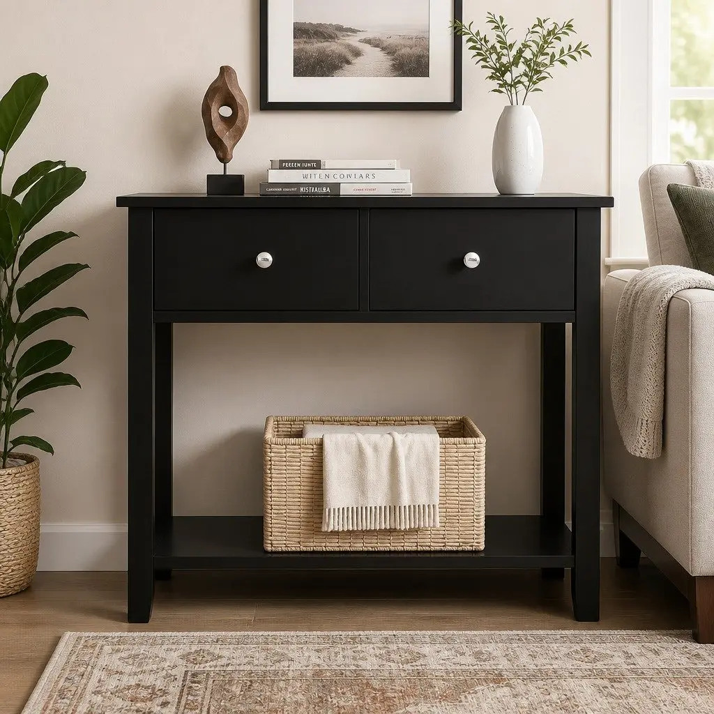 Console Table Hallway Sofa Entryway Side Table 2 Drawers Open Shelf 80CM Black