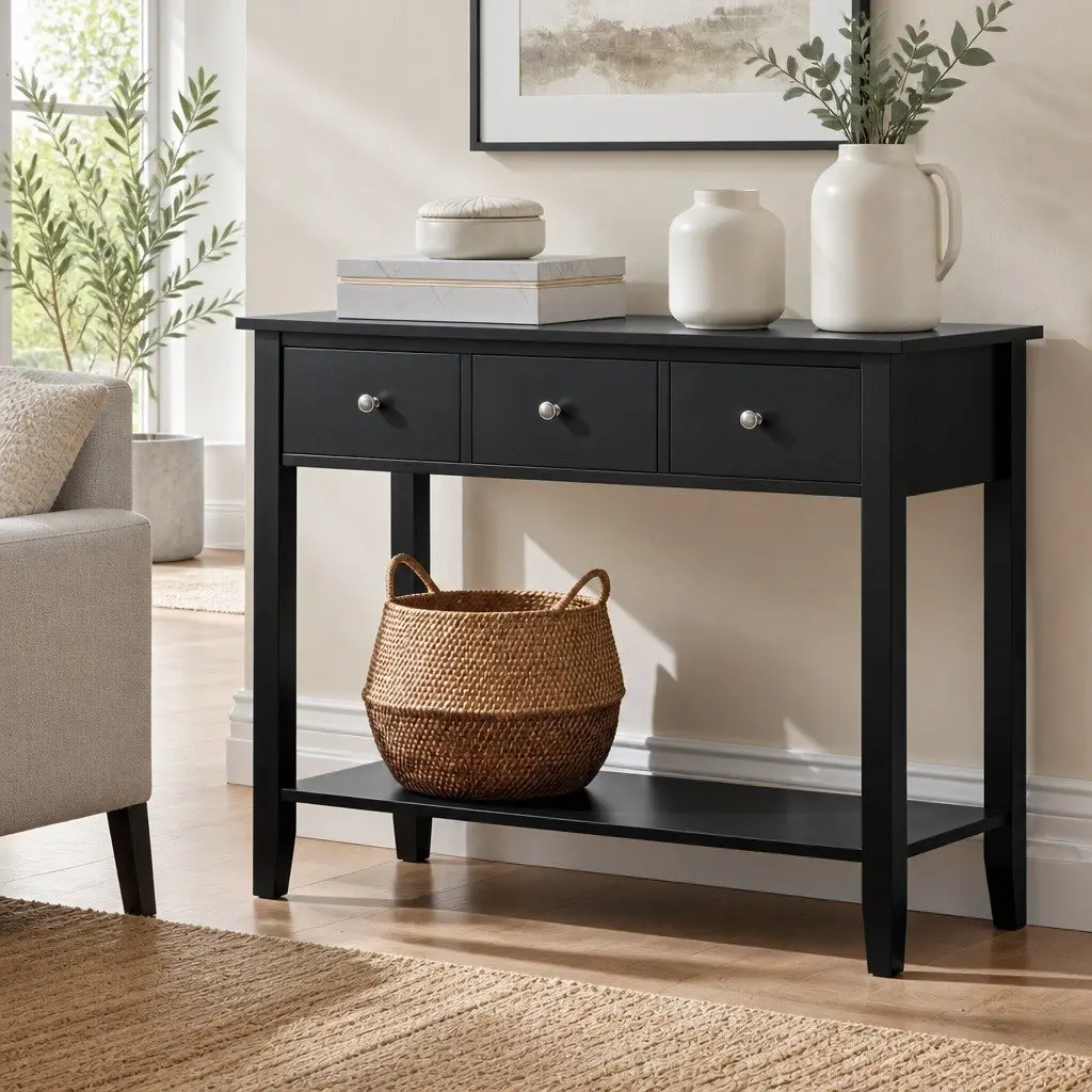 Console Table 100cm Black Three Drawers Open Shelf Storage