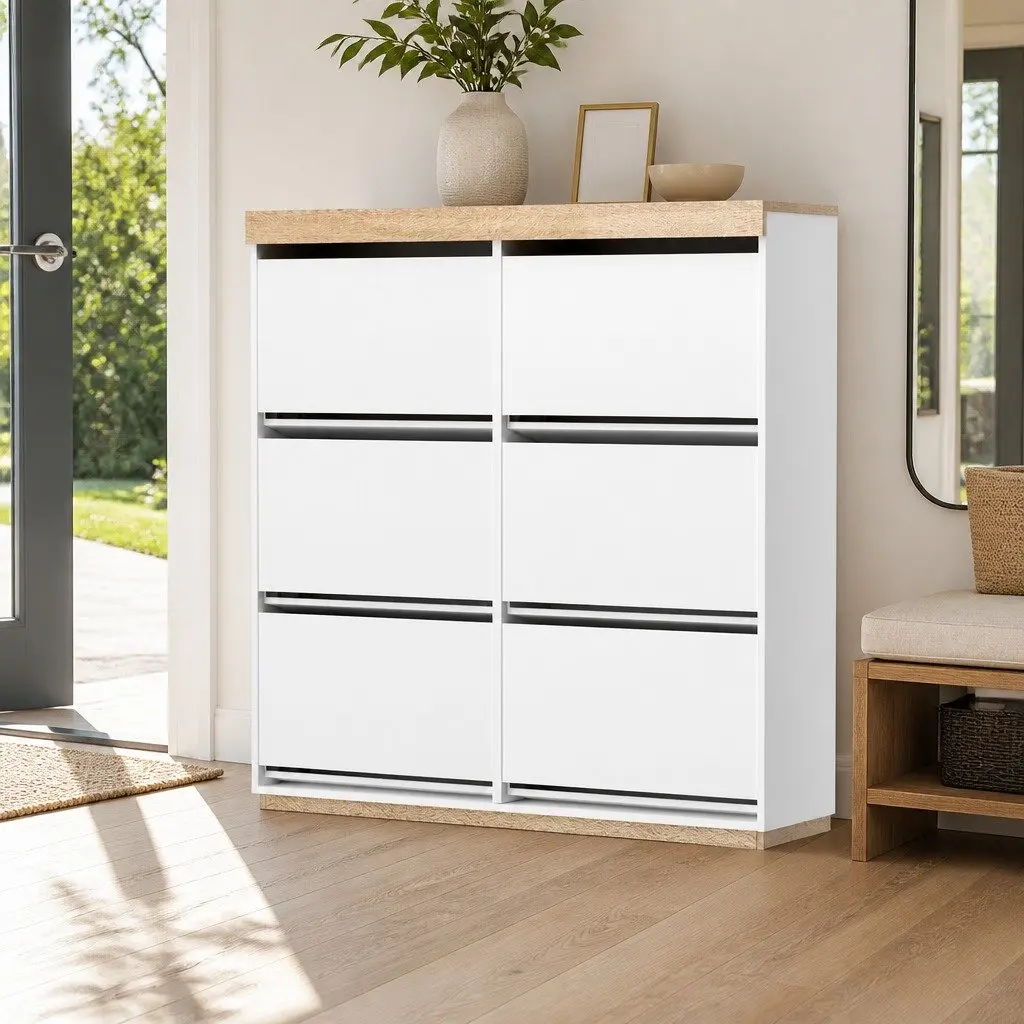 3-Tier Shoe Storage Cabinet with 6 Flip-Out Drawers in White Pine for Organized Footwear Display