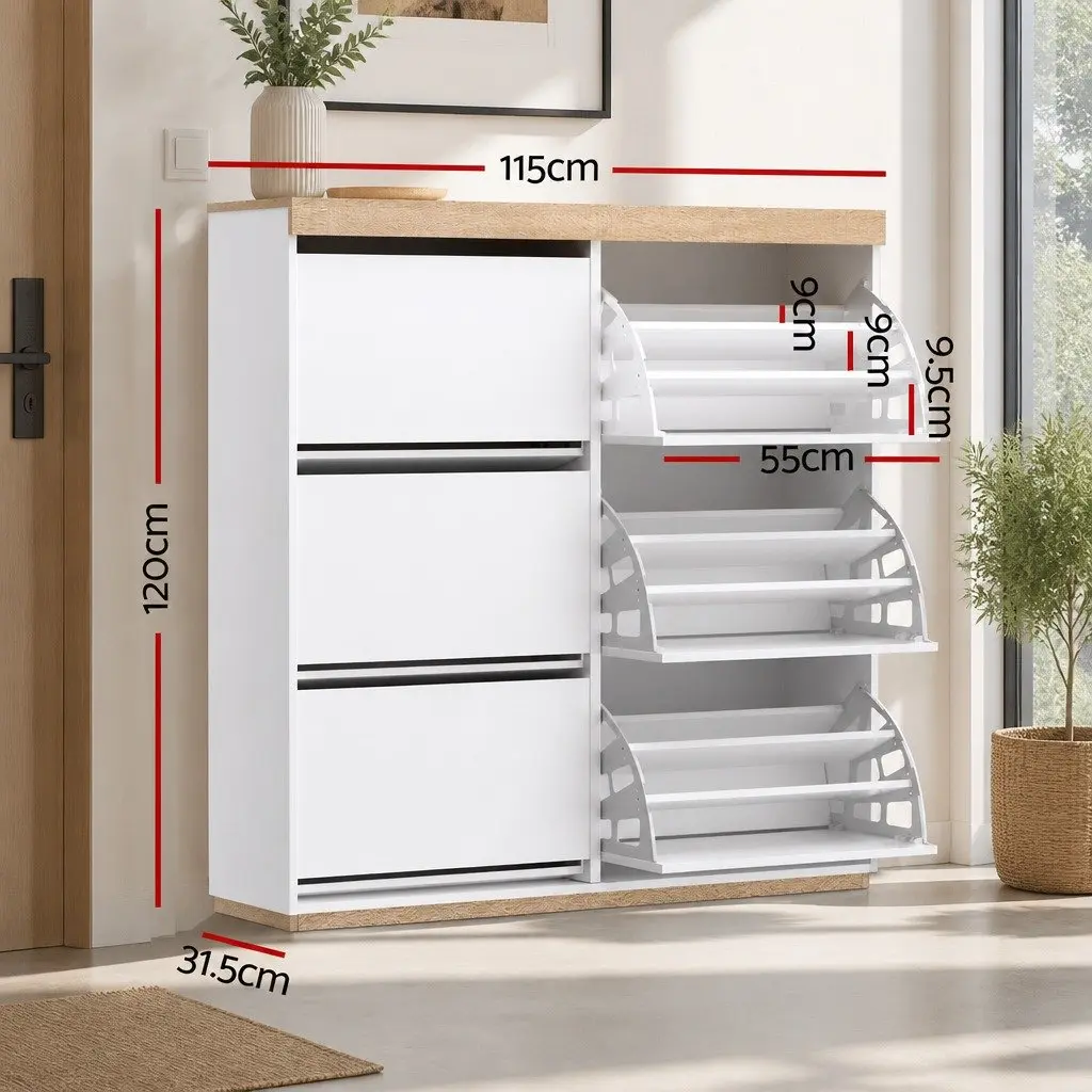 3-Tier Shoe Storage Cabinet with 6 Flip-Out Drawers in White Pine for Organized Footwear Display